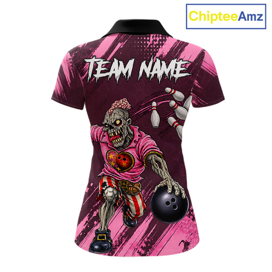 Custom Pink Funny Zombie Bowling Shirt For Women, Bowling Team League Jersey Polo & Quarter Zip TDM6500