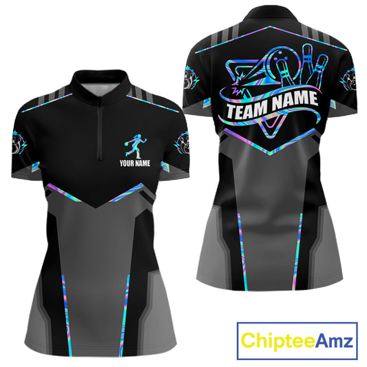 Holographic bowling quarter zip shirt for women built for league play and tournaments.