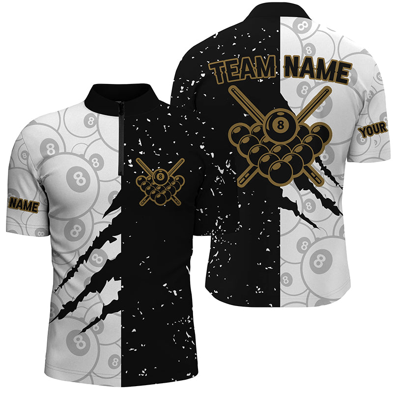 Custom Grunge Black White 8 Ball Pool Billiard Men Quarter-Zip Shirts, Billiard Apparel TDM0730