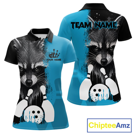 Black and blue raccoon bowling polo shirt for women with custom bowling team league graphics.