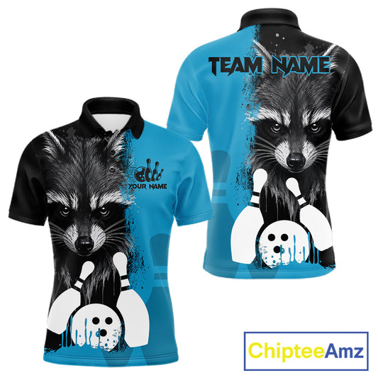Black and blue raccoon bowling polo shirt for men with custom bowling team league graphics.