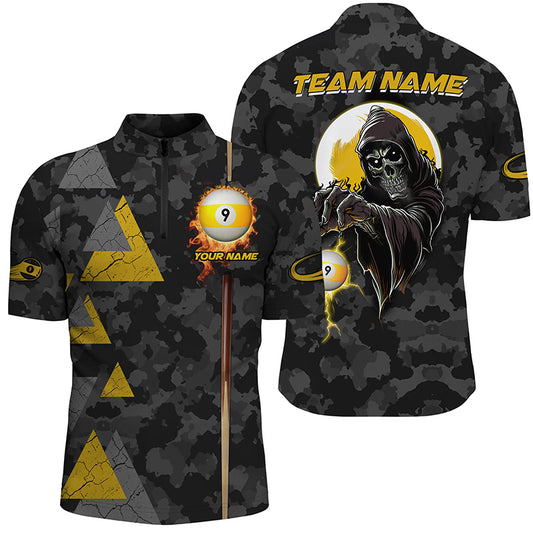 Funny Grim Reaper Ball 9 Fire Custom Camo Men Billiard Shirts, Best 9 Ball Pool Jerseys TDM2071