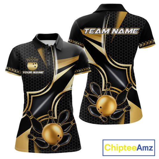 Black and gold bowling ball bowling team polo shirt for women with custom league graphics.