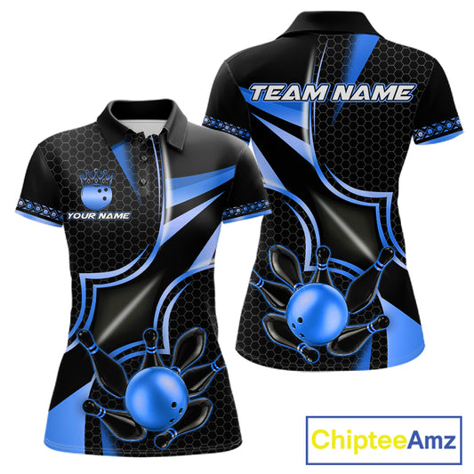 Black and blue bowling ball bowling team polo shirt for women with custom league graphics.