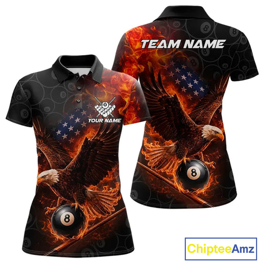 Flaming US Flag Eagle 8 Ball Billiard Shirt For Women Custom Patriotic Pool Jersey Polo & 1/4 Zip TDM6411