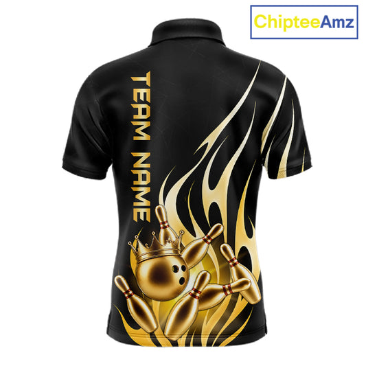 Black and gold bowling ball crown custom bowling polo shirt for men, flame bowling team jersey for tournaments.