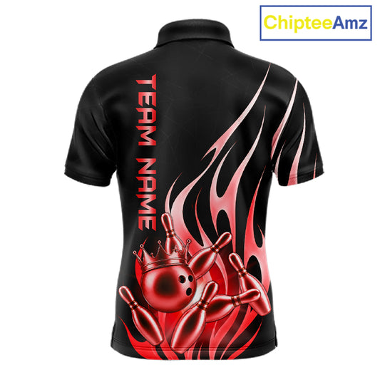 Black and red bowling ball crown custom bowling polo shirt for men, flame bowling team jersey for tournaments.