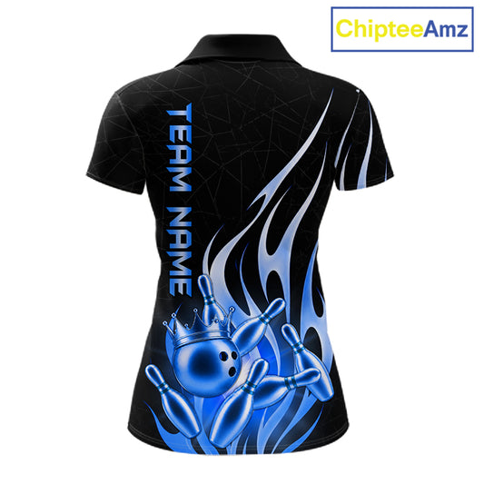 Black and blue bowling ball crown custom bowling polo shirt for women.