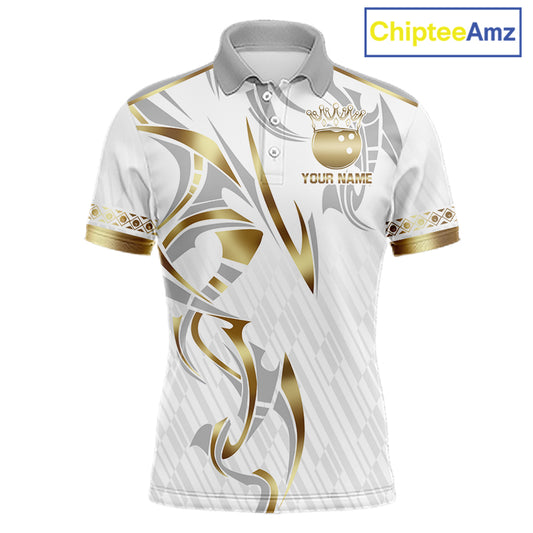 Custom Gold Bowling Ball Crown Bowling Shirt For Men, Bowling Team Jersey Polo & 1/4 Zip |White TDM6197