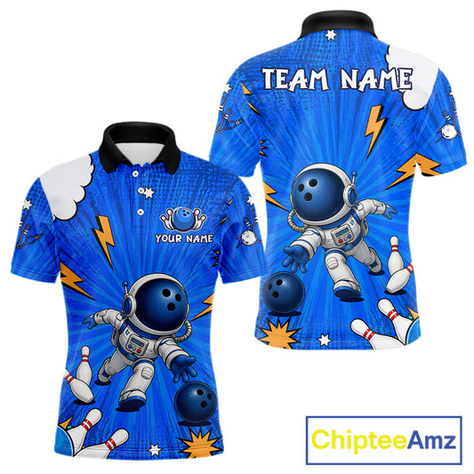 Blue Funny Astronaut Bowling Shirt For Men Custom Bowling Jersey, Bowling Uniform Polo & 1/4 Zip TDM6421