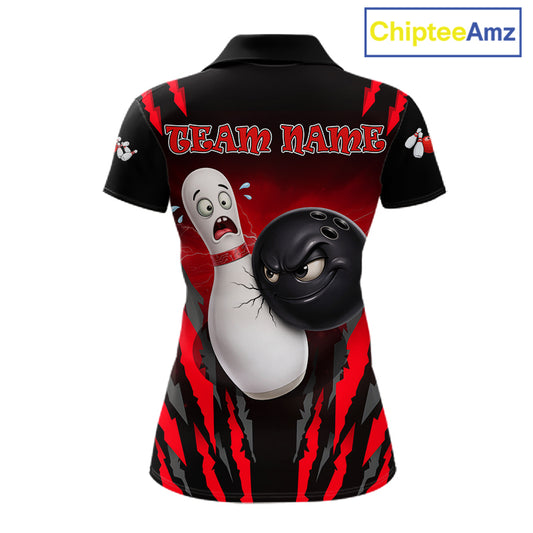 Funny Bowling Ball Custom Black And Red Bowling Shirt For Women, Bowling Team Jersey Polo & 1/4 Zip TDM6210