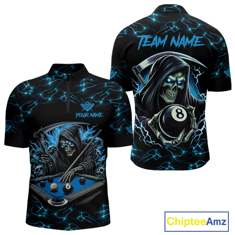Blue Funny Grim Reaper 8 Ball Pool Men Billiard Shirts Custom Name Lightning Billiard Jerseys TDM2161