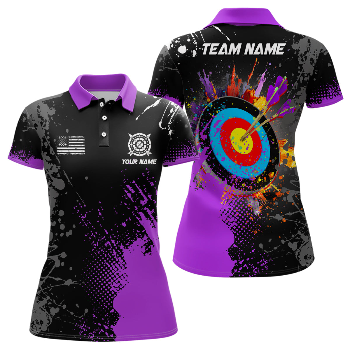 Personalized Paint Purple 3D Target Archery Polo Shirts For Women Custom Name Archery Jerseys Attire TDM1190