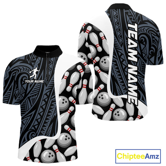 Blue tribal pattern bowling quarter zip shirt for men designed for league tournaments and team events.