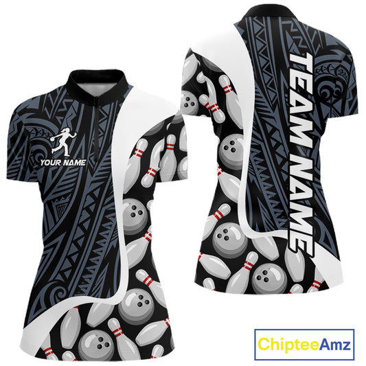Blue tribal pattern bowling quarter zip shirt for women designed for league tournaments and team events.