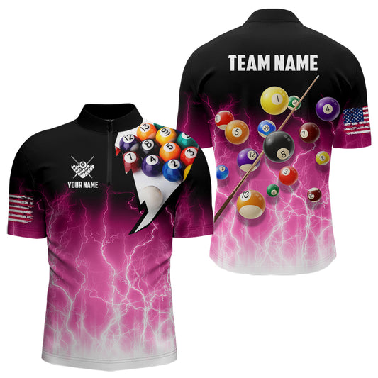 Pink Billiard Jersey For Men Custom Thunder Lightning 3D Pool Balls Team Jersey Polo & 1/4 Zip TDM4562