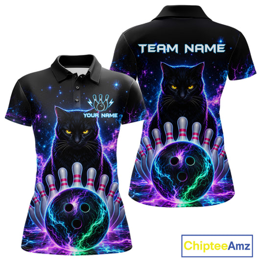 Neon Funny Cat Bowling Jersey Polo & 1/4 Zip For Women Custom Bowling Team Jersey, Bowling Gifts TDM6359