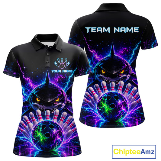 Neon Funny Shark Bowling Jersey Polo & 1/4 Zip For Women Custom Bowling Team Jersey, Bowling Uniform TDM6360