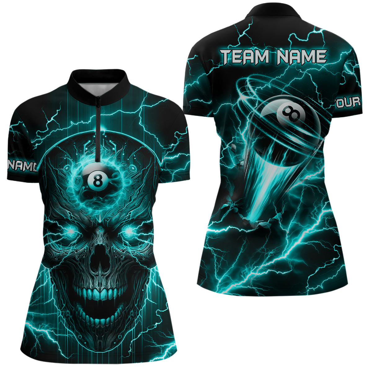 Personalized Skull Billiard Polo Shirts For Women Custom Name 8 Ball Pool Billiard Jerseys |Turquoise TDM1533