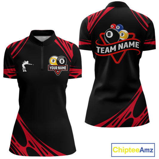 Personalized 8 Ball & 9 Ball Pool Billiard Polo, 1/4 Zip For Women Custom Team Billiard Jersey |Red TDM5601