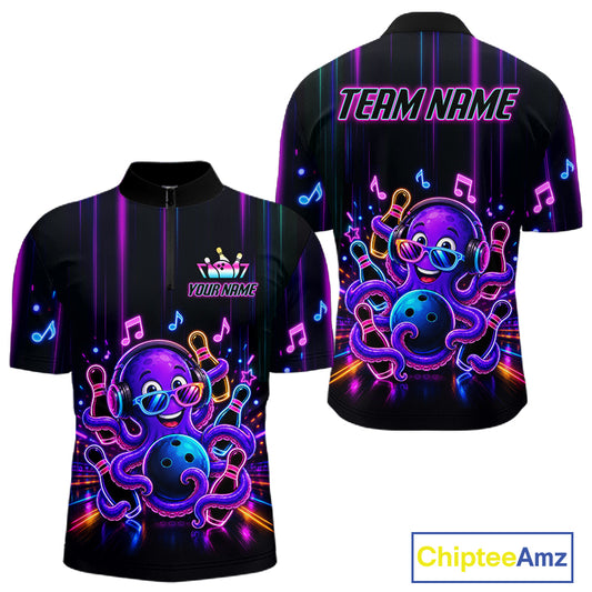 Neon octopus music bowling quarter zip shirt for men designed for league nights and tournaments.