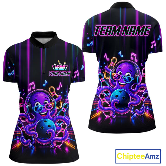 Neon octopus music bowling quarter zip shirt for women designed for league nights and tournaments.