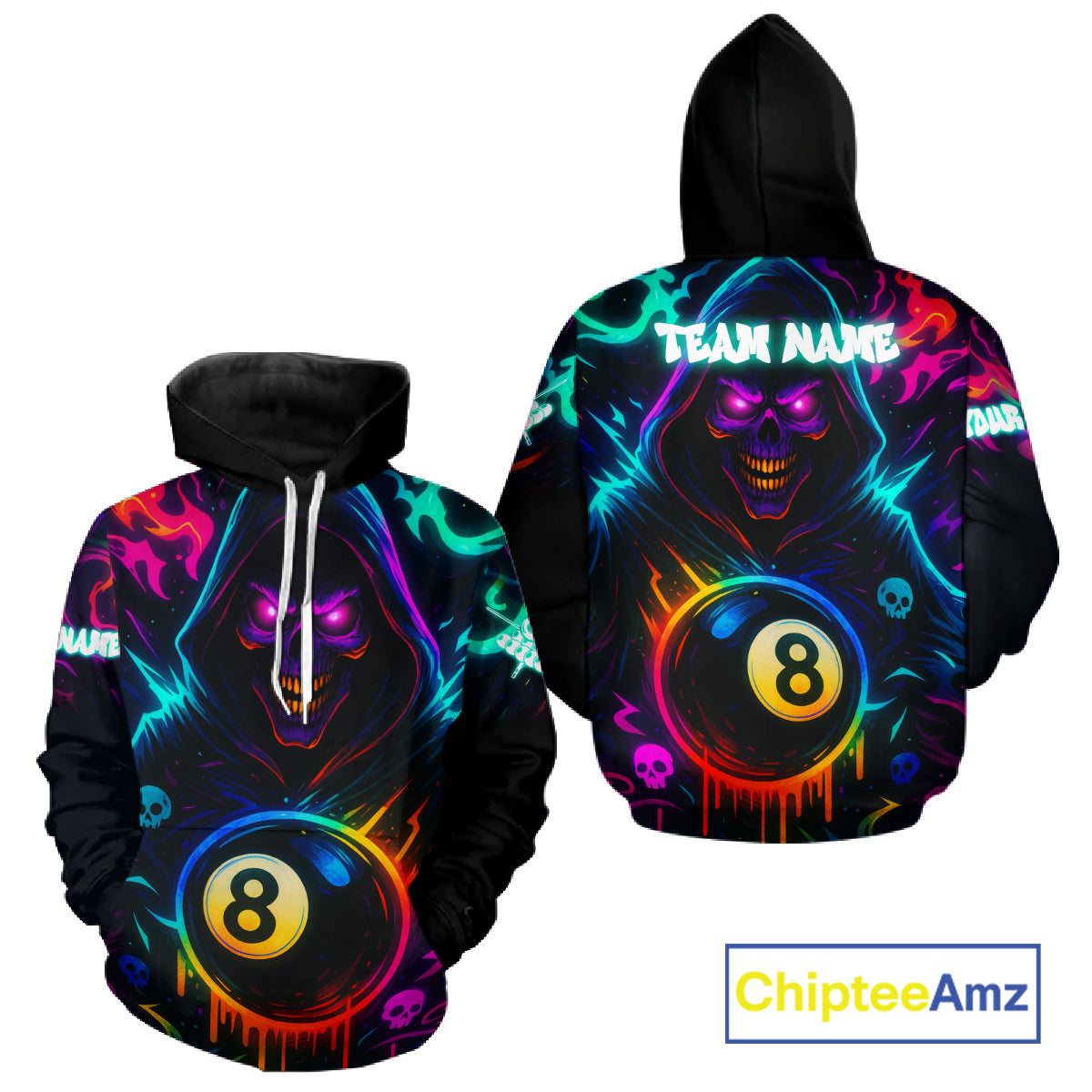 Colorful Neon Grim Reaper Billiard Hoodie For Men And Women Custom 8 Ball Pool Hoodie Team Jersey TDM4668