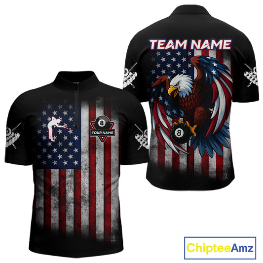 Grunge American Flag Eagle 8 Ball Billiard Polo & 1/4 Zip Custom Men's Patriotic Pool Team Jersey TDM4515