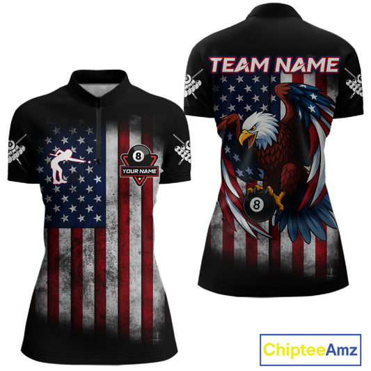 Grunge American Flag Eagle 8 Ball Billiard Polo & 1/4 Zip Custom Women's Patriotic Pool Team Jersey TDM4515