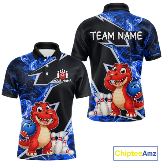 Funny Dinosaur Bowling Jersey For Men Custom Black And Blue Flame Bowling Shirt Polo & 1/4 Zip TDM6367