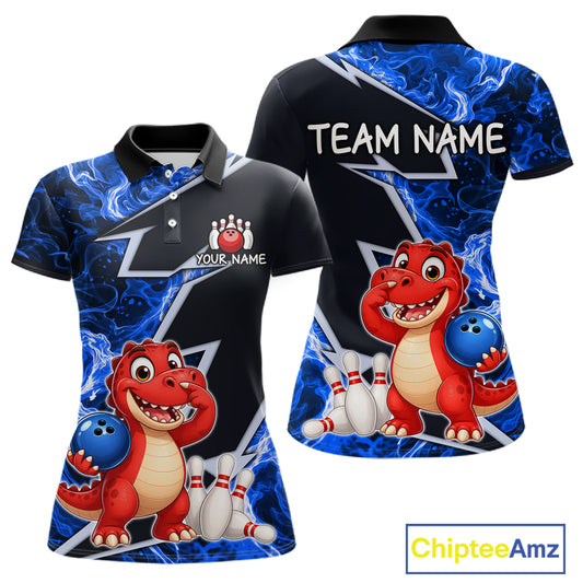 Funny Dinosaur Bowling Jersey For Women Custom Black And Blue Flame Bowling Shirt Polo & 1/4 Zip TDM6367