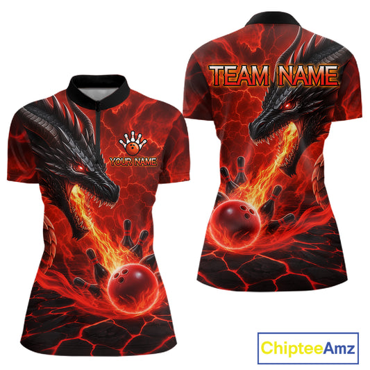 Dragon fire flame red bowling quarter zip shirt for women, custom bowling league jersey.