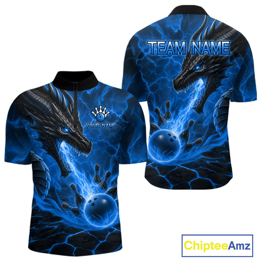 Dragon fire flame blue bowling quarter zip shirt for men, custom bowling league jersey.