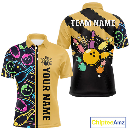 Personalized Funny Neon Bowing Shirt For Men, Retro Bowling Team Jersey Polo & 1/4 Zip | Yellow TDM6186