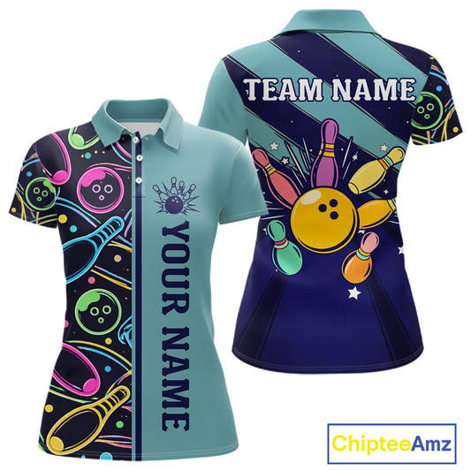 Personalized Funny Neon Bowing Shirt For Women, Retro Bowling Team Jersey Polo & 1/4 Zip | Teal TDM6187