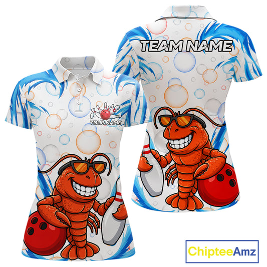 White & Blue Bubbles Funny Lobster Bowling Polo Quarter-Zip Shirt For Women Custom Bowling Team Shirt NYN3976