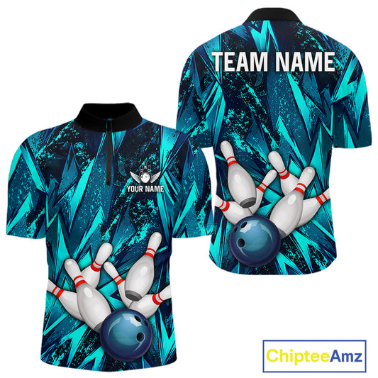 Strike Bowling Ball & Pins Grunge Cyan Men Bowling Shirts Personalized Bowling Team Outfits NYN3189