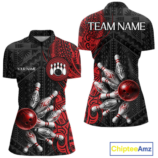 Red And Black Polynesian Tribal Bowling Ball & Pins Shirt For Women Custom Bowling Team Shirts Outfit NYN3201
