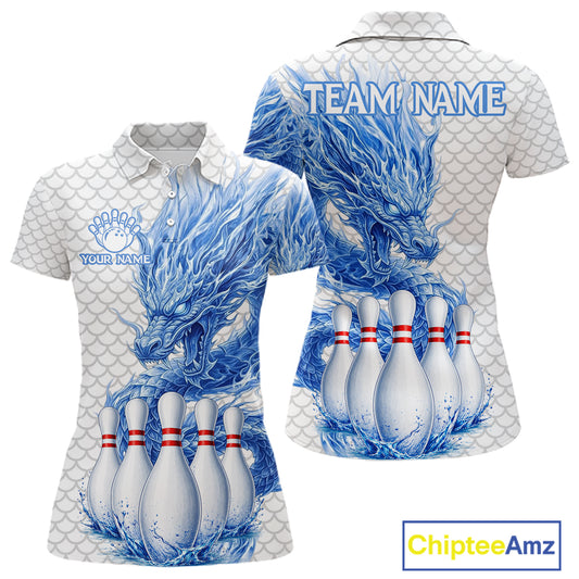 Women's white blue dragon bowling polo shirt mockup custom bowling team jersey splatter dragon bowling apparel