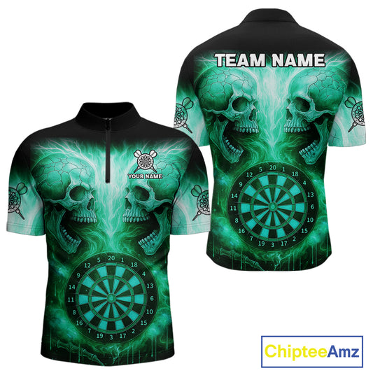 Electric Green Skulls & Dartboard Men's Darts Shirt - Custom Name For Players NYN0541
