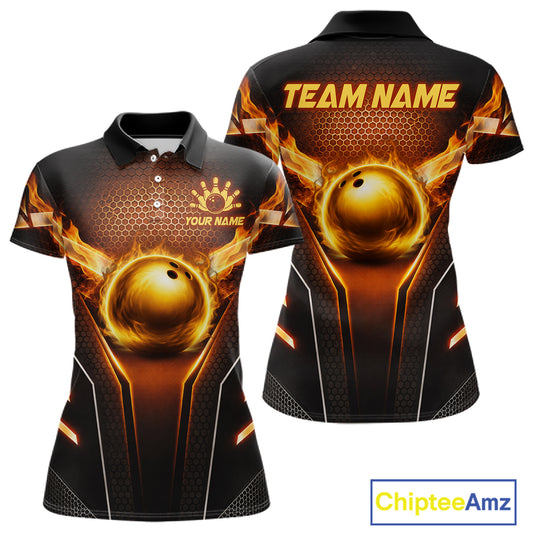 Custom Fire Flame Bowling Jerseys For Women, Personalized Bowling Pin & Ball Team Shirts | Yellow NYN3069