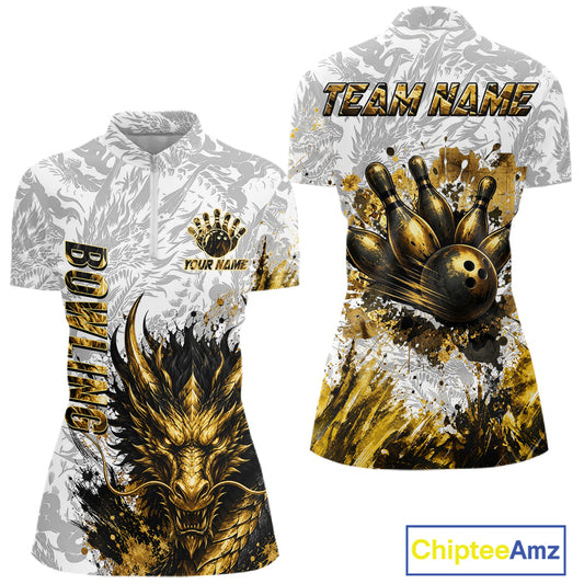 Splatter Black & Gold Bowling Polo & 1/4-Zip Shirt For Women Custom Gray Dragon Bowling Team Jersey NYN3269