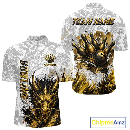 Splatter Black & Gold Bowling Polo & 1/4-Zip Shirt For Men Custom Gray Dragon Bowling Team Jersey NYN3269