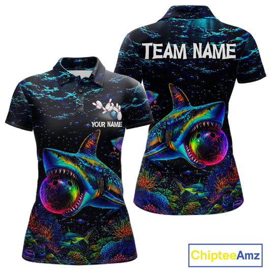 Funny Shark Ocean Neon Bowling Jerseys For Women Custom Colorful Bowling Shirts Team Attire NYN3169