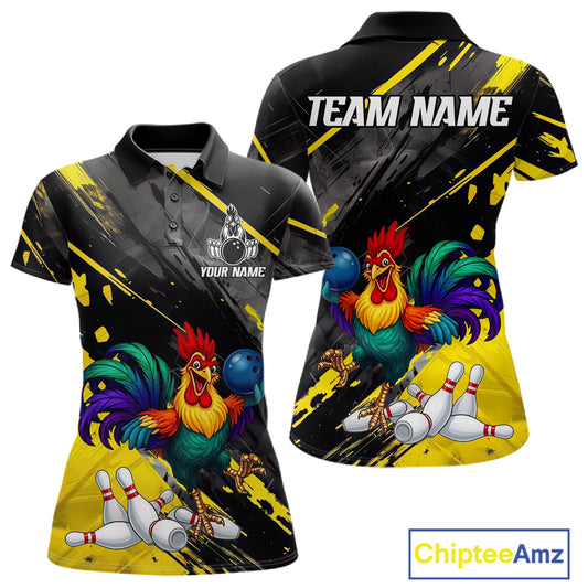 Personalized Colorful Funny Rooster Bowling Shirt For Women Yellow Grunge Bowling Team Jersey NYN3174