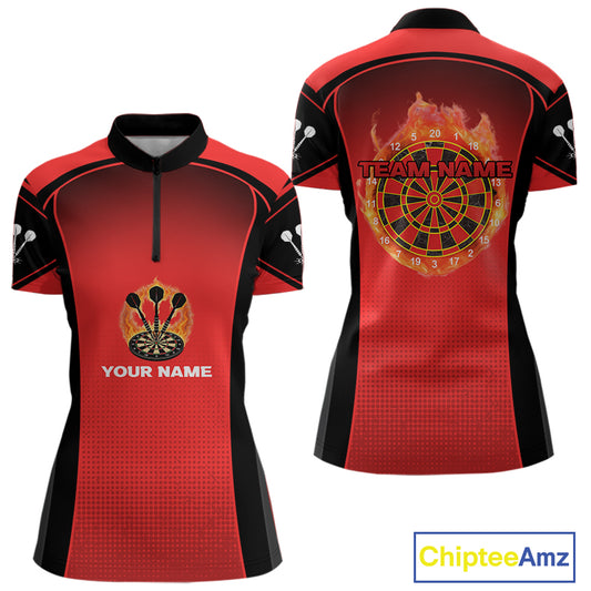 Red Flaming & Smoke Dartboard Women's Darts Shirt - Custom Name For Darts Jersey NYN0428