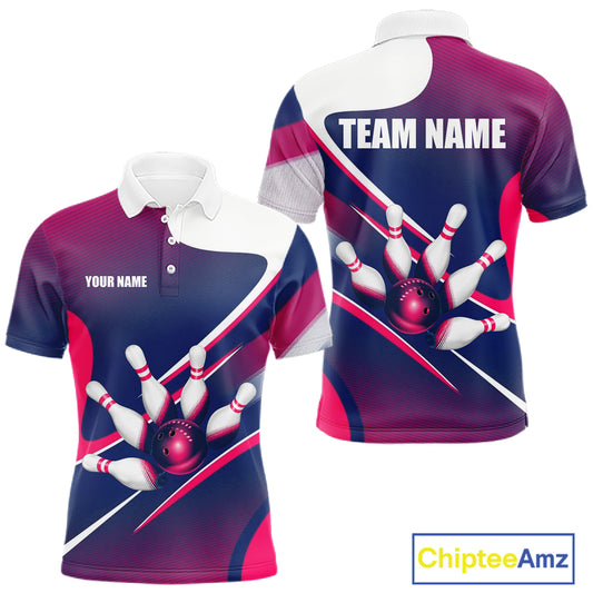 Men's bowling polo featuring white, blue and pink bowling ball with pins, personalized performance bowling apparel for league competitions, bowling clubs, tournaments and custom team uniforms, symbolizing friendship, balance and positive energy.