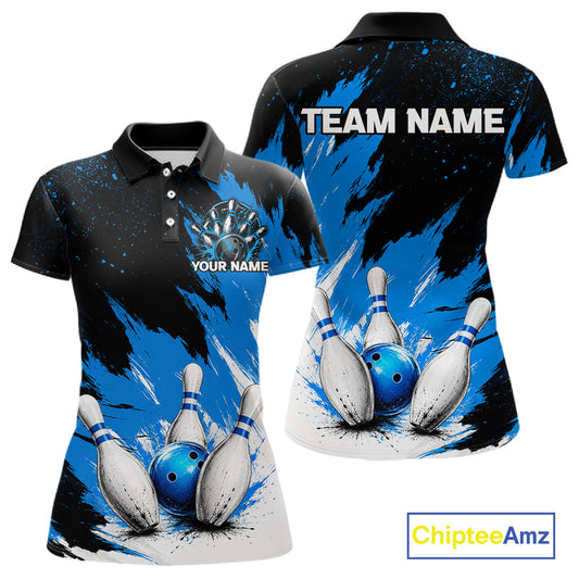 Black, White & Blue Splatter Women Bowling Shirt Custom Grunge Polo Quarter-Zip Bowling Team Jersey NYN3682