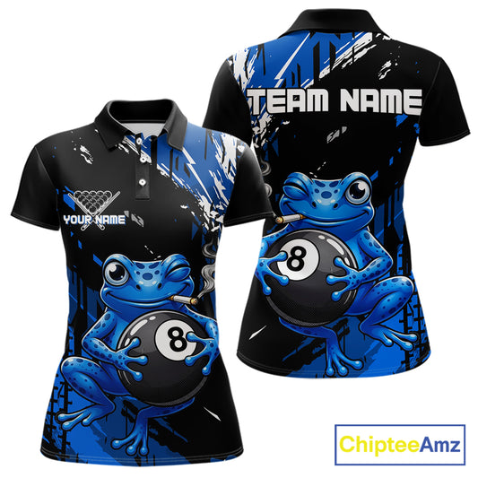 Custom Funny Frog 8 Ball Billiard Team Jersey Polo & Quarter-Zip Billiard Shirt For Women | Blue NYN3955