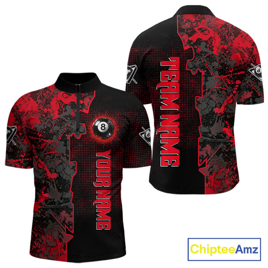 Red Grunge Splatter 8 Ball Pool Men Billiard Polo & 1/4-Zip Shirt Personalized Billiard Gifts NYN2391